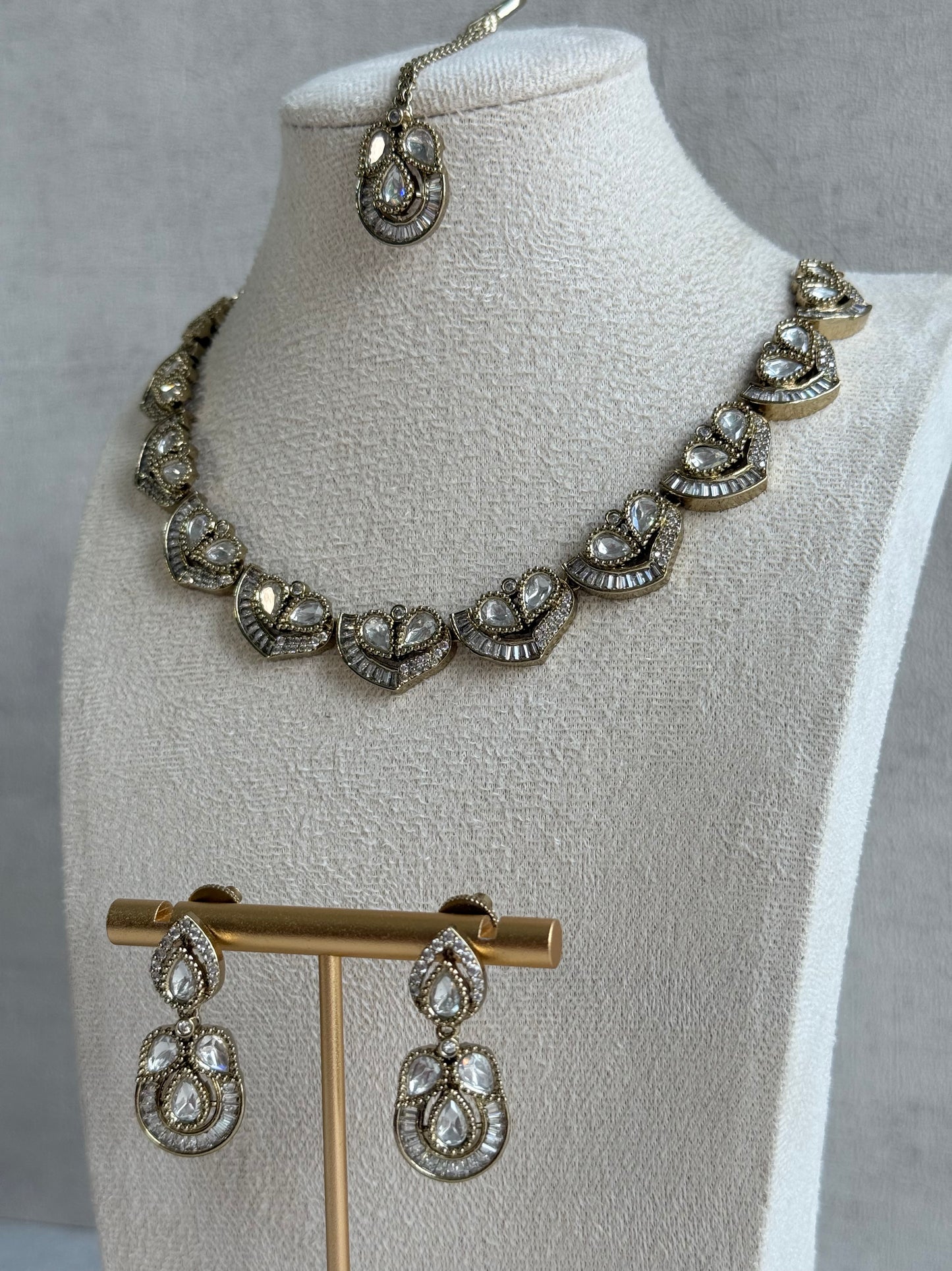 Ayura Designs Katalina Necklace Set with Earrings & Tikka – Crystal Detailing & Antique Gold Finish