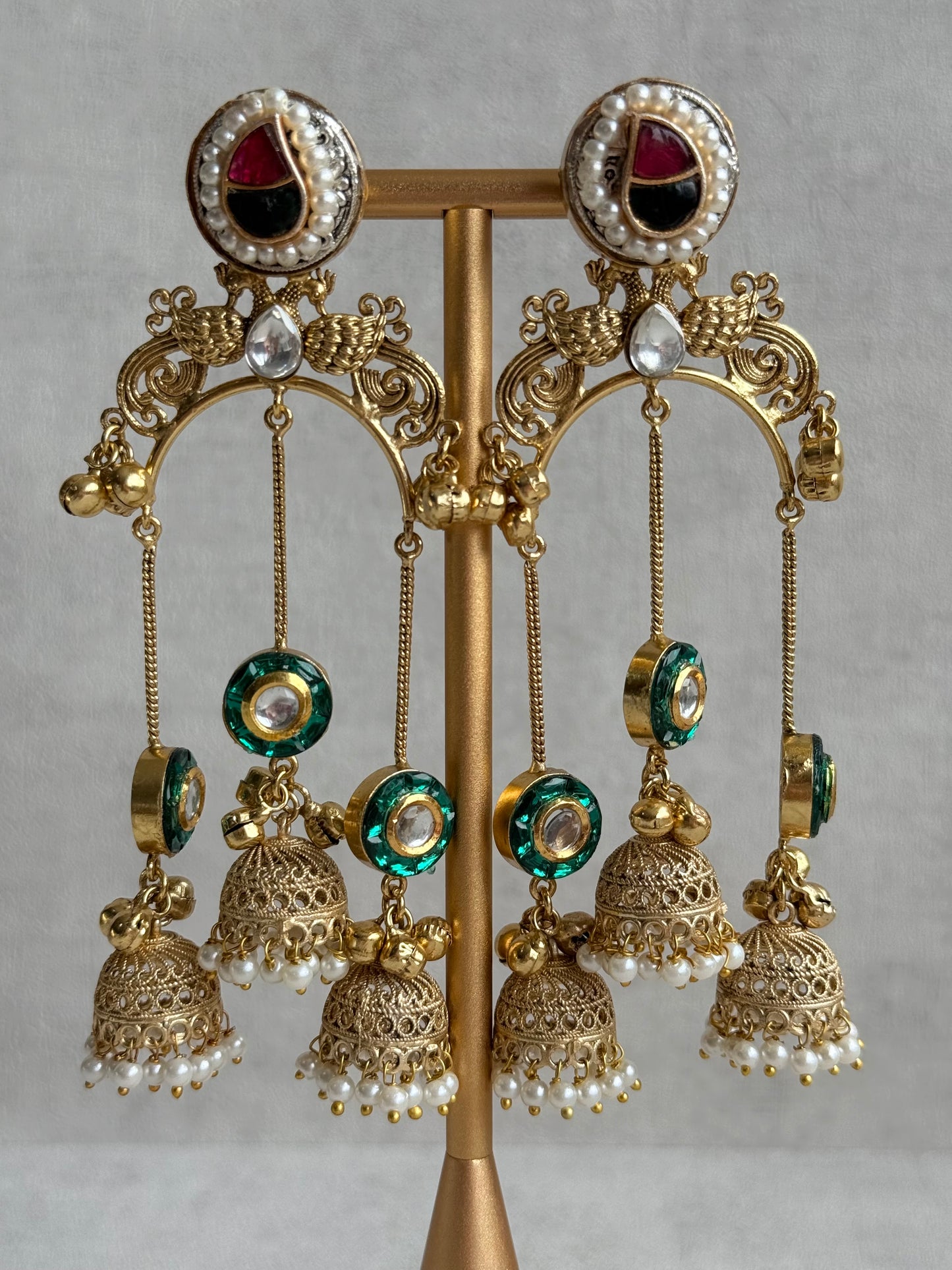 Ayura Designs Arzina Earrings – Triple Jhumki Earrings with Emerald Green Stones, Pearl Borders & Gold Detailing