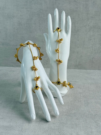 Ayura Designs Kajri Haathphool Set of 2 – Gold Tone Floral Hand Harness with Multicolour Stones & Ghungroo Detailing