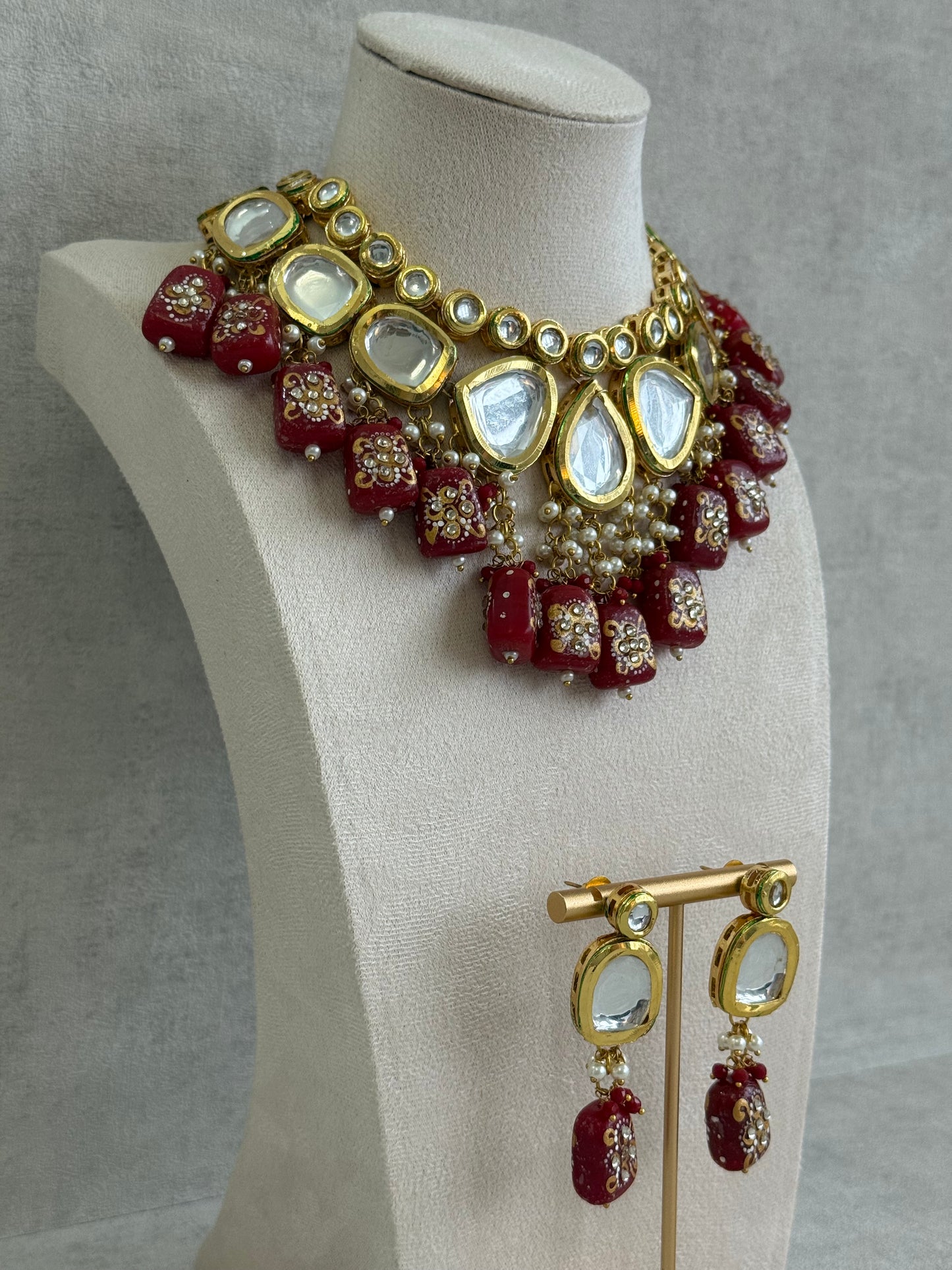 Ayura Designs Omika Set With Necklace And Earrings – Kundan Stones And Ruby Red Meenakari Drops