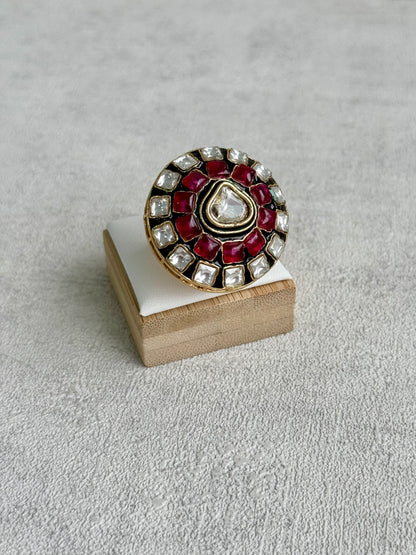 Ayura Designs Zaib Adjustable Ring – Mirror-Cut Stone with Green Enamel, Ruby Pink Accents & Crystal Detailing