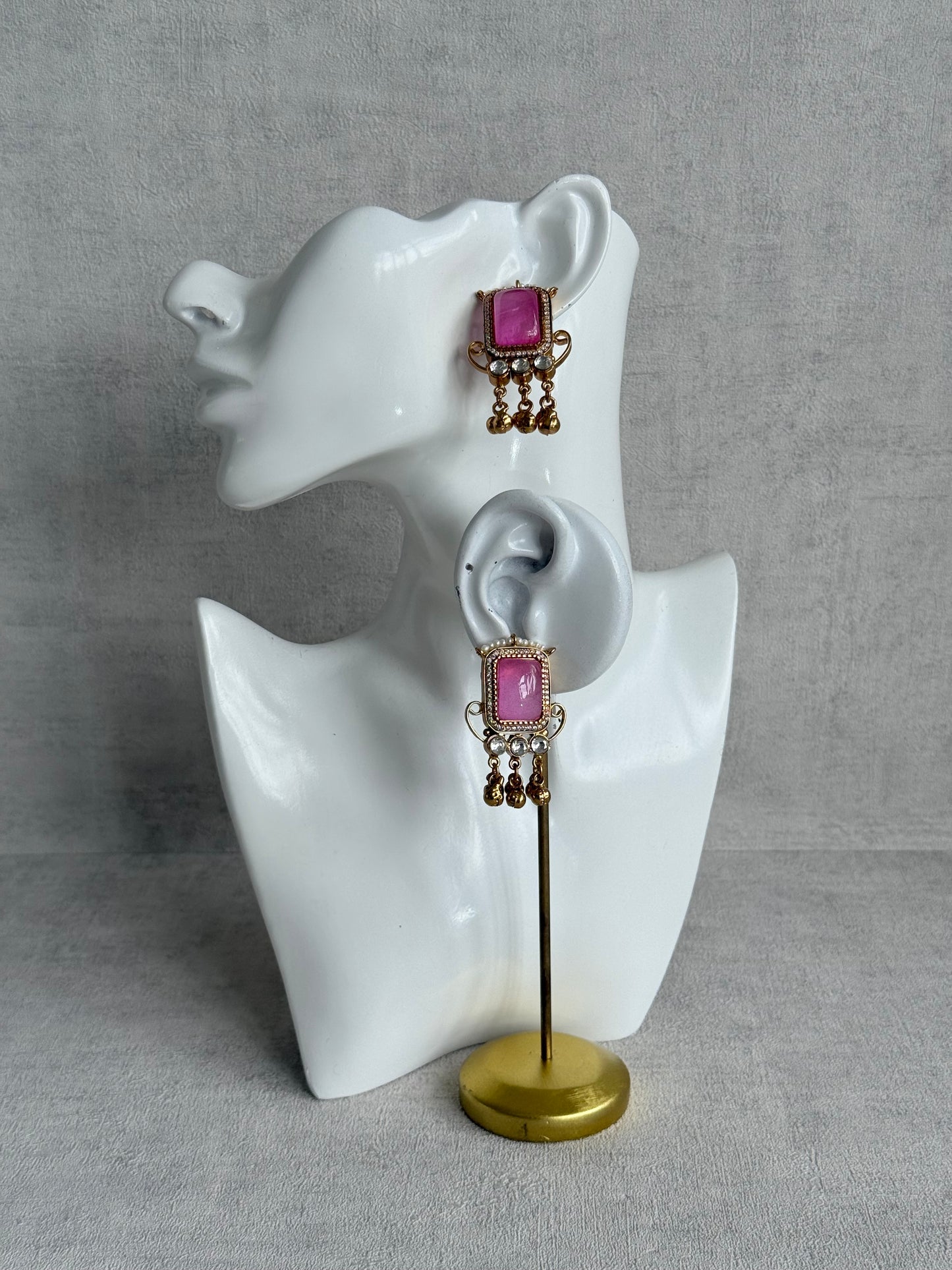 Ayura Designs Aleena Earrings – Rose Pink Stone Stud Earrings with Pearls & Ghungroo Detailing