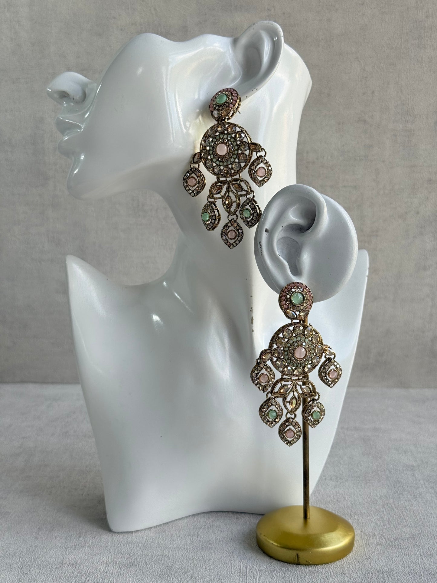 Ayura Designs Vanika Earrings – Mint Green, Blush Pink & Champagne Crystal Gold Finish