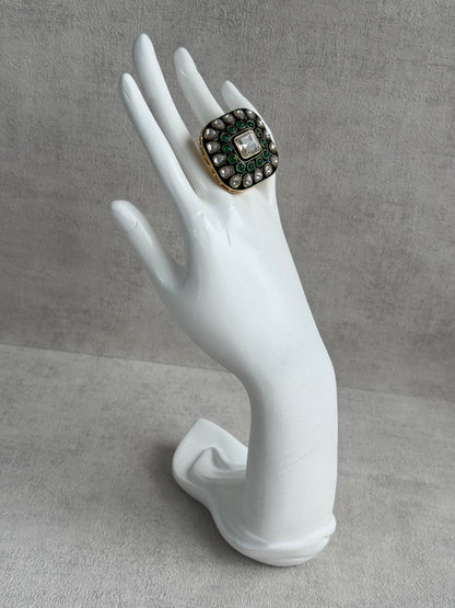 Ayura Designs Arzoo Adjustable Ring – Mirror-Cut Stone Centre with Emerald Green Stones, Green Enamel & Crystal Detailing