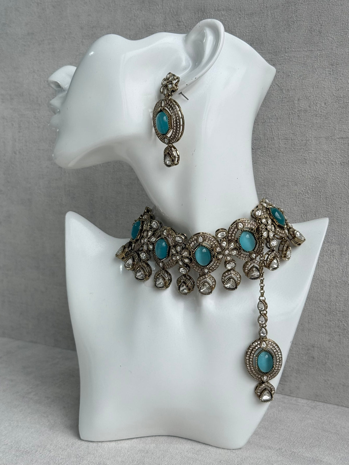 Ayura Designs Emanya Choker Set – Choker, Earrings & Tikka with Mirror-Cut Stones, Turquoise Blue & Antique Gold Detailing
