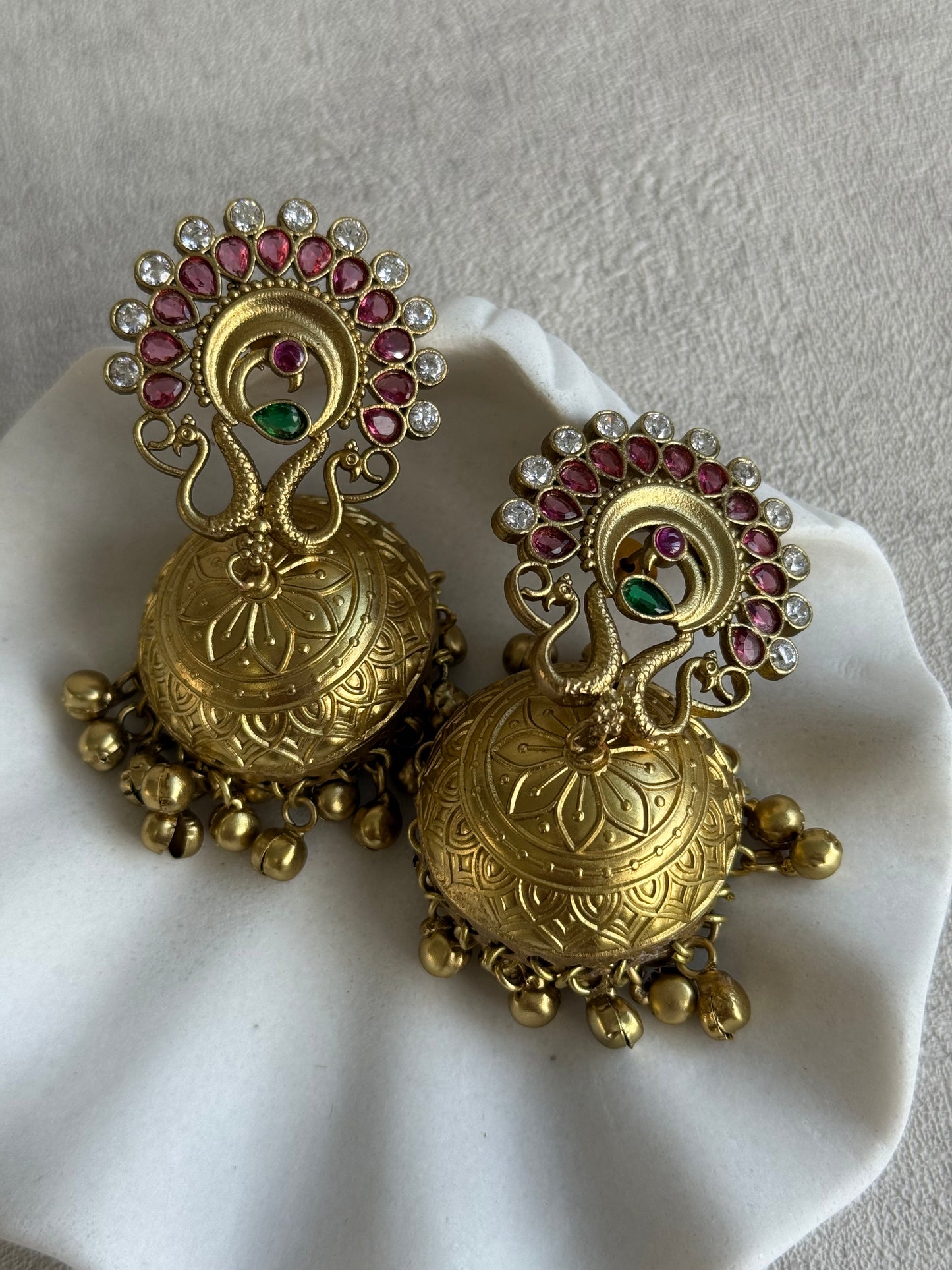 Ayura Designs Moraya Jhumkis – Berry Pink Peacock Motif with Antique Gold Detailing