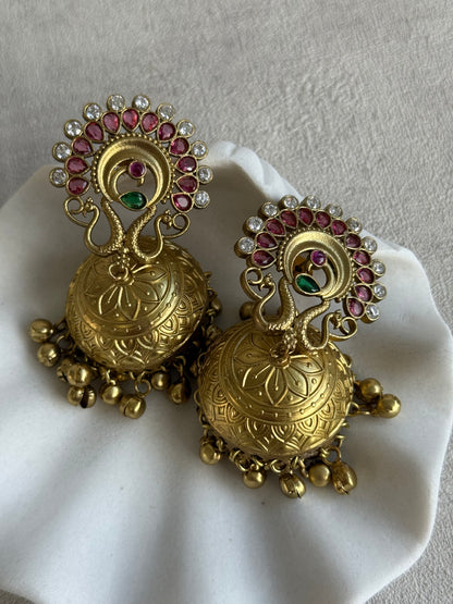 Ayura Designs Moraya Jhumkis – Berry Pink Peacock Motif with Antique Gold Detailing