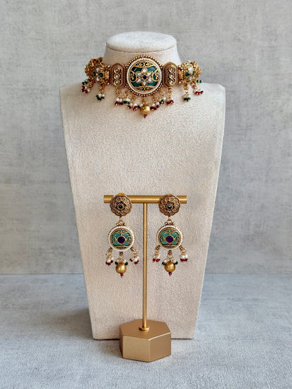 Ayura Designs Haya Choker Set with Stud Earrings – Emerald Enamel with Rani Pink Stones and Pearl Drop Detailing
