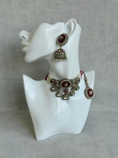 Ayura Designs Myra Choker Set with Earrings & Tikka – Ruby Pink Kundan & Pearl Detailing