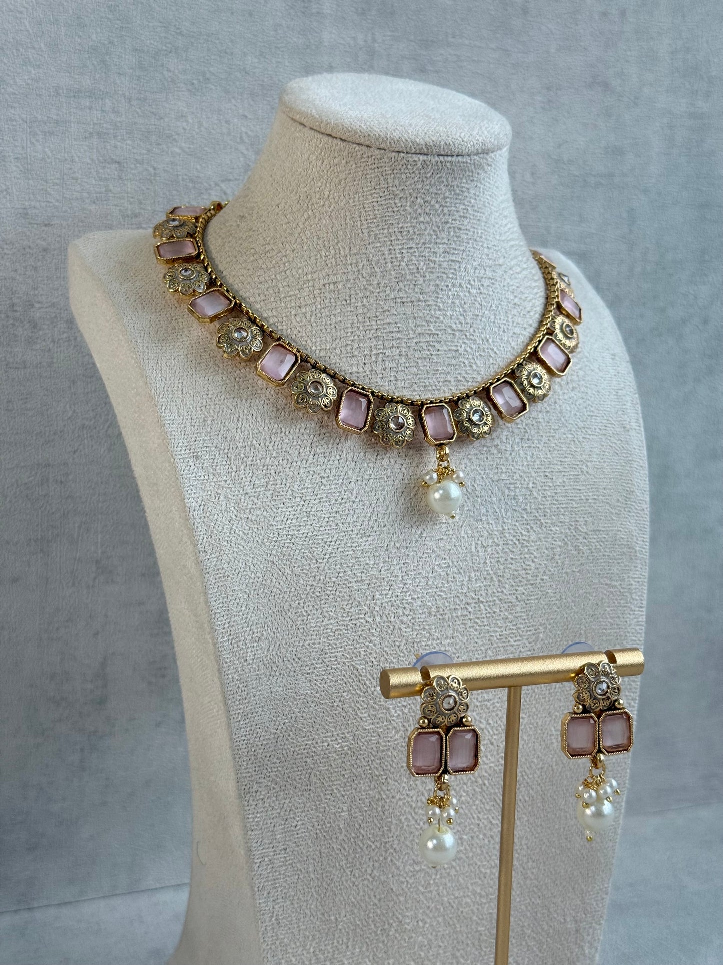Ayura Designs Padma Necklace Set with Earrings – Blush Pink Stones with Pearl Drop Detailing