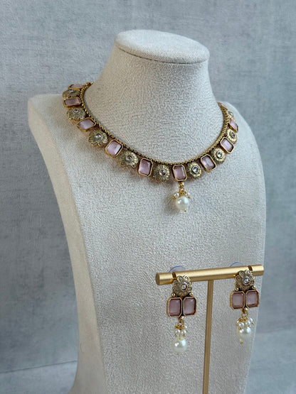 Ayura Designs Padma Necklace Set with Earrings – Blush Pink Stones with Pearl Drop Detailing