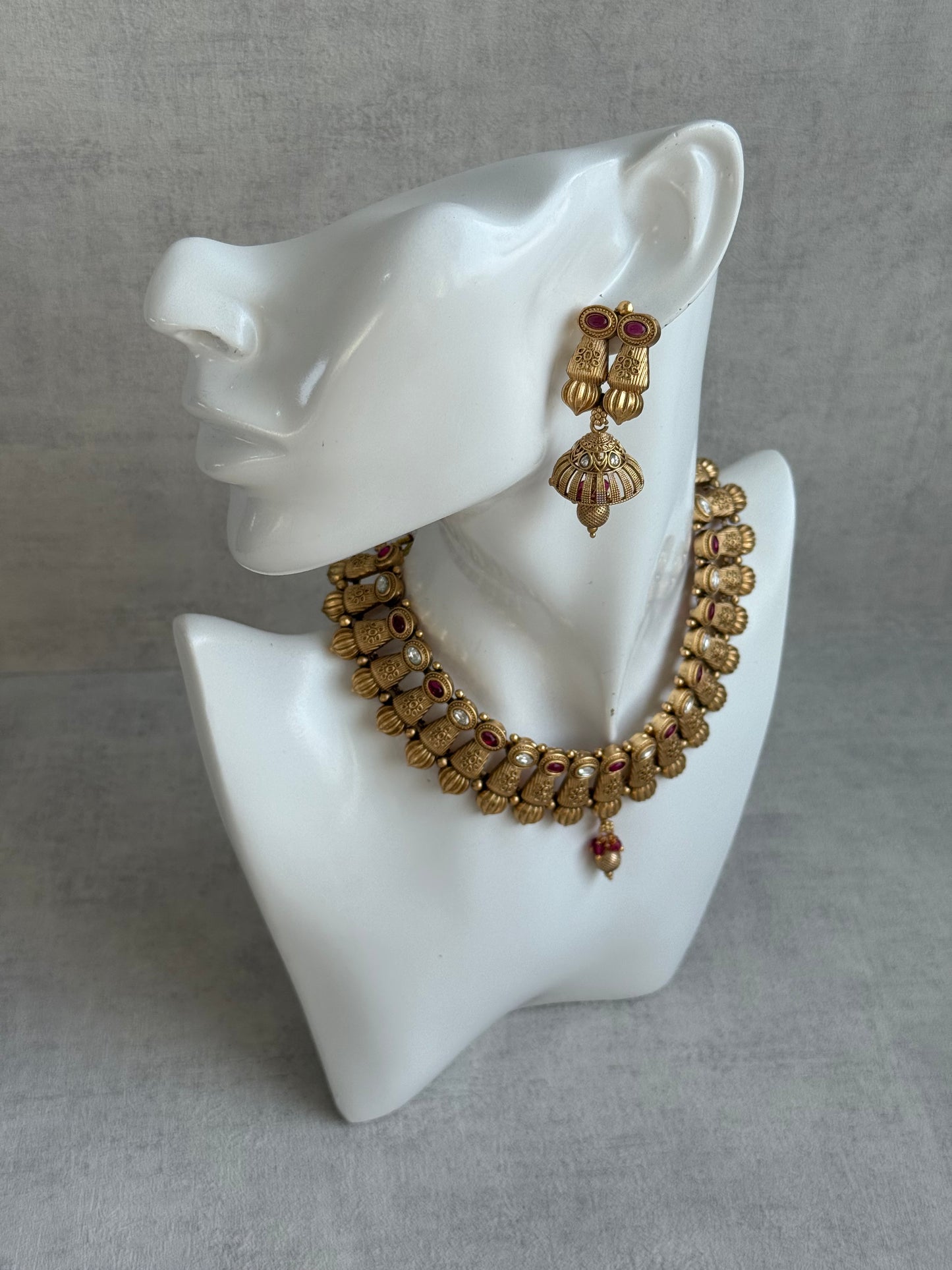Ayura Designs Aima Necklace Set with Earrings – Antique Gold with Rani Pink Stones