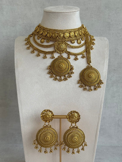 Ayura Designs Subha Choker Set with Earrings & Passa – Antique Gold Engraved Medallions, Layered Chains & Ghungroo Drops