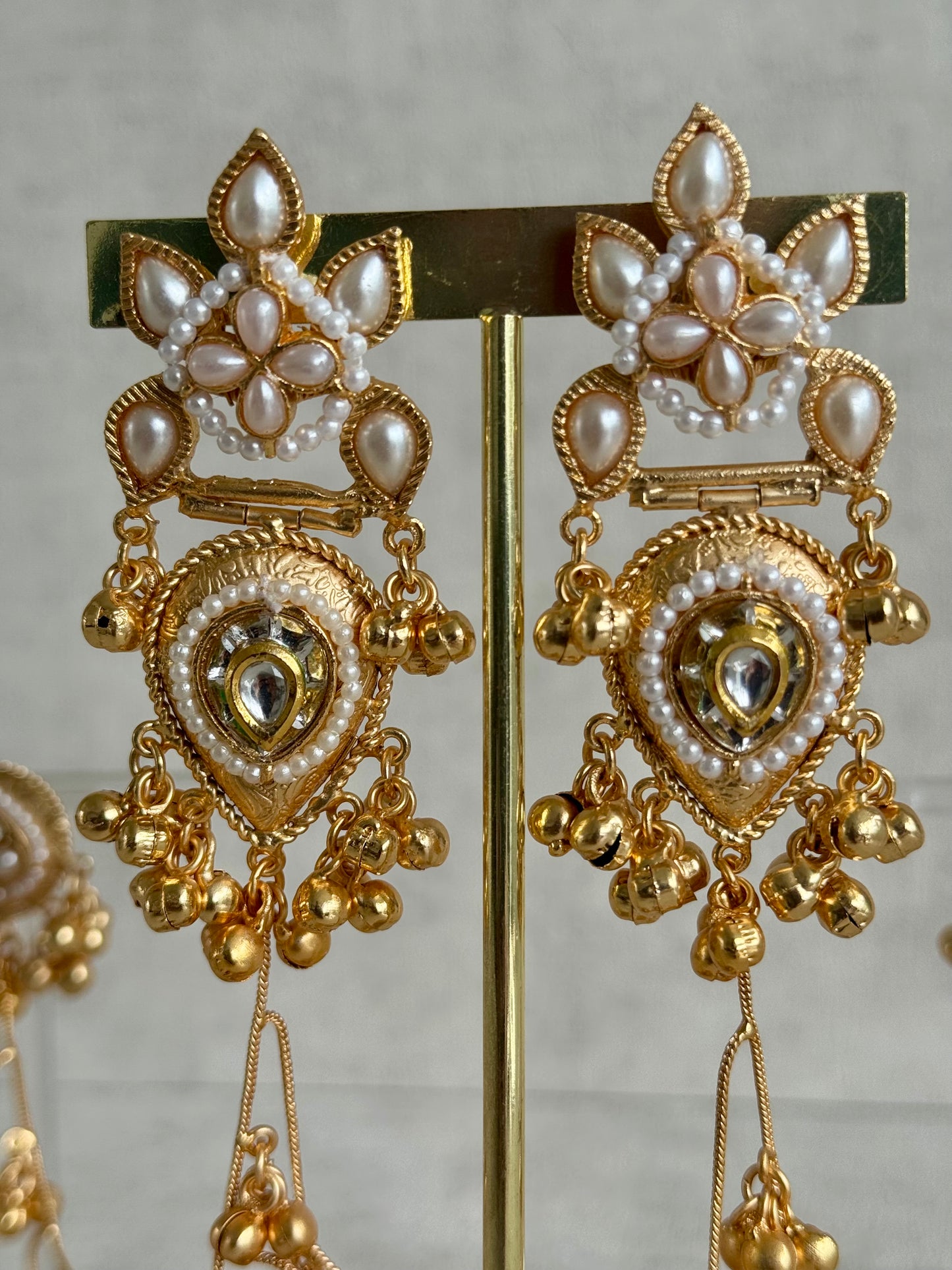 Ayura Designs Somya Earrings with Sahare – Antique Gold, Kundan, Pearls & Ghungroos