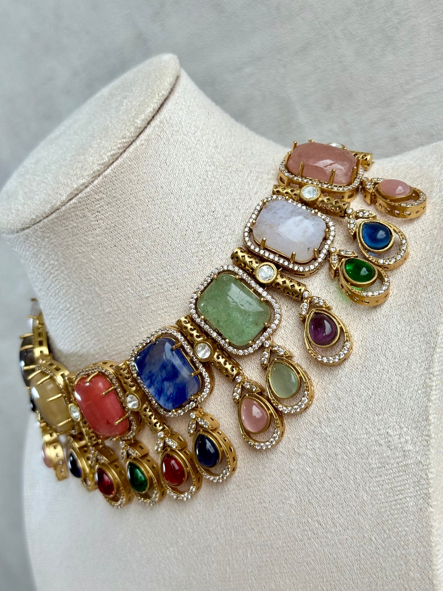 Ayura Designs Adelaide Necklace Set with Earrings – Multicolour Moissanite with Peach Stone Drop Earrings
