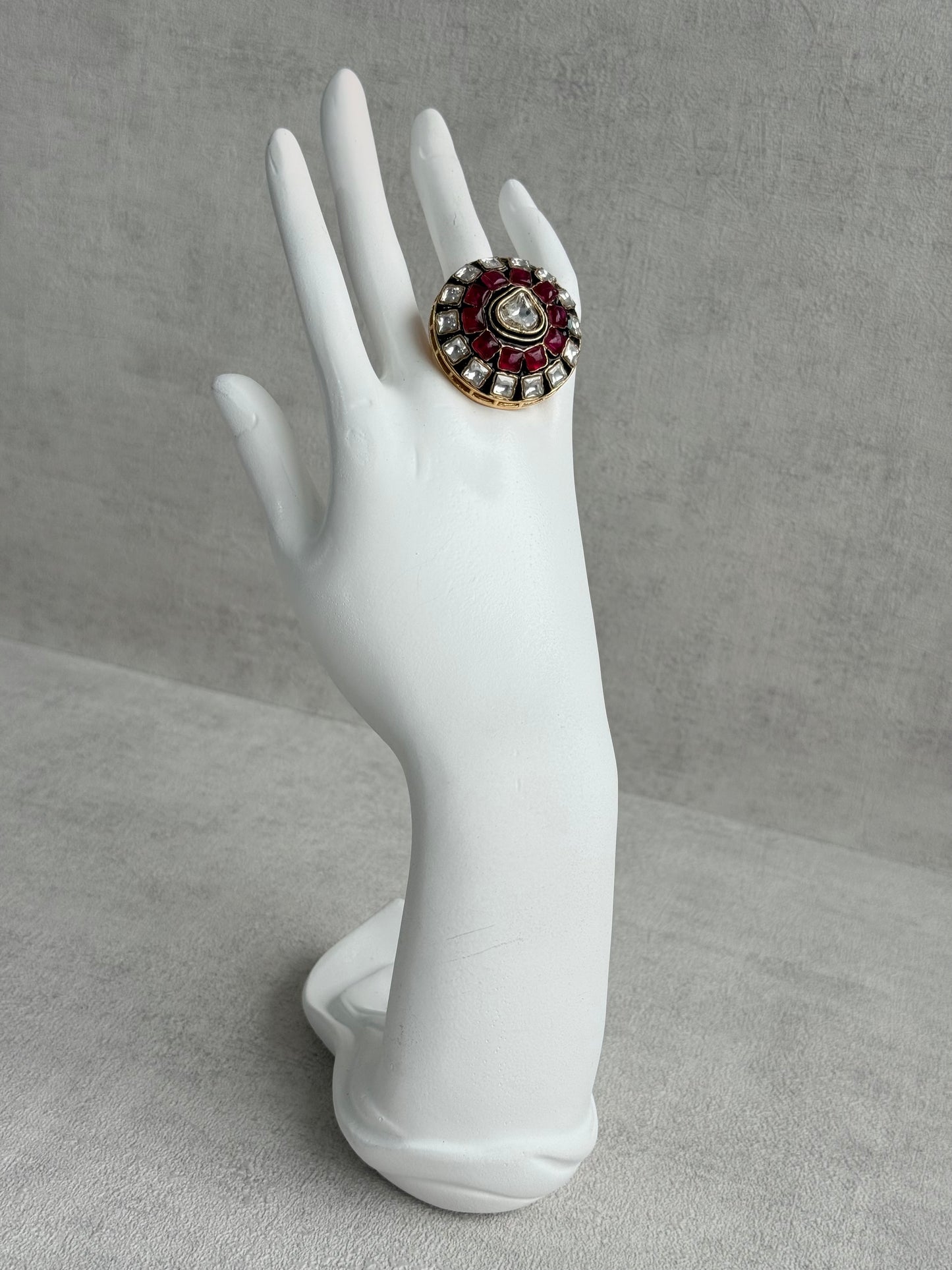 Ayura Designs Zaib Adjustable Ring – Mirror-Cut Stone with Green Enamel, Ruby Pink Accents & Crystal Detailing