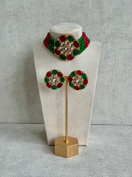 Ayura Designs Yasmin Kundan Choker Set with Studs – Ruby Red & Emerald Green Beads with Mirror-Cut Stones