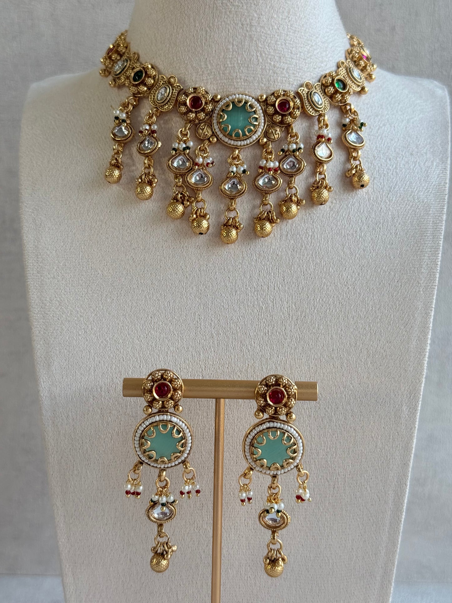 Ayura Designs Abira Necklace Set with Earrings – Kundan, Multicolour Stones, Pearl Detailing & Gold Finish