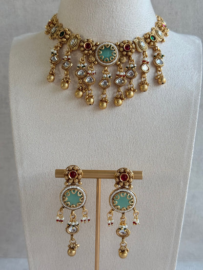 Ayura Designs Abira Necklace Set with Earrings – Kundan, Multicolour Stones, Pearl Detailing & Gold Finish