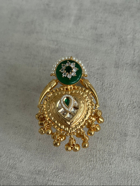 Ayura Designs Sorcha Adjustable Ring – Emerald Green Enamel, Pearl Detailing, Antique Gold & Mirror-Cut Stones