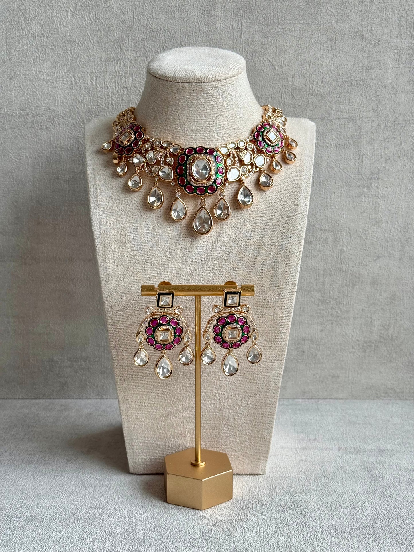 Ayura Designs Ishika Set – Kundan Necklace with Pink & Green Meenakari and Teardrop Crystals