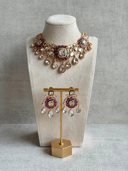 Ayura Designs Ishika Set – Kundan Necklace with Pink & Green Meenakari and Teardrop Crystals