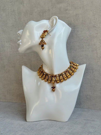 Ayura Designs Aima Necklace Set with Earrings – Antique Gold with Rani Pink & Emerald Green Stones