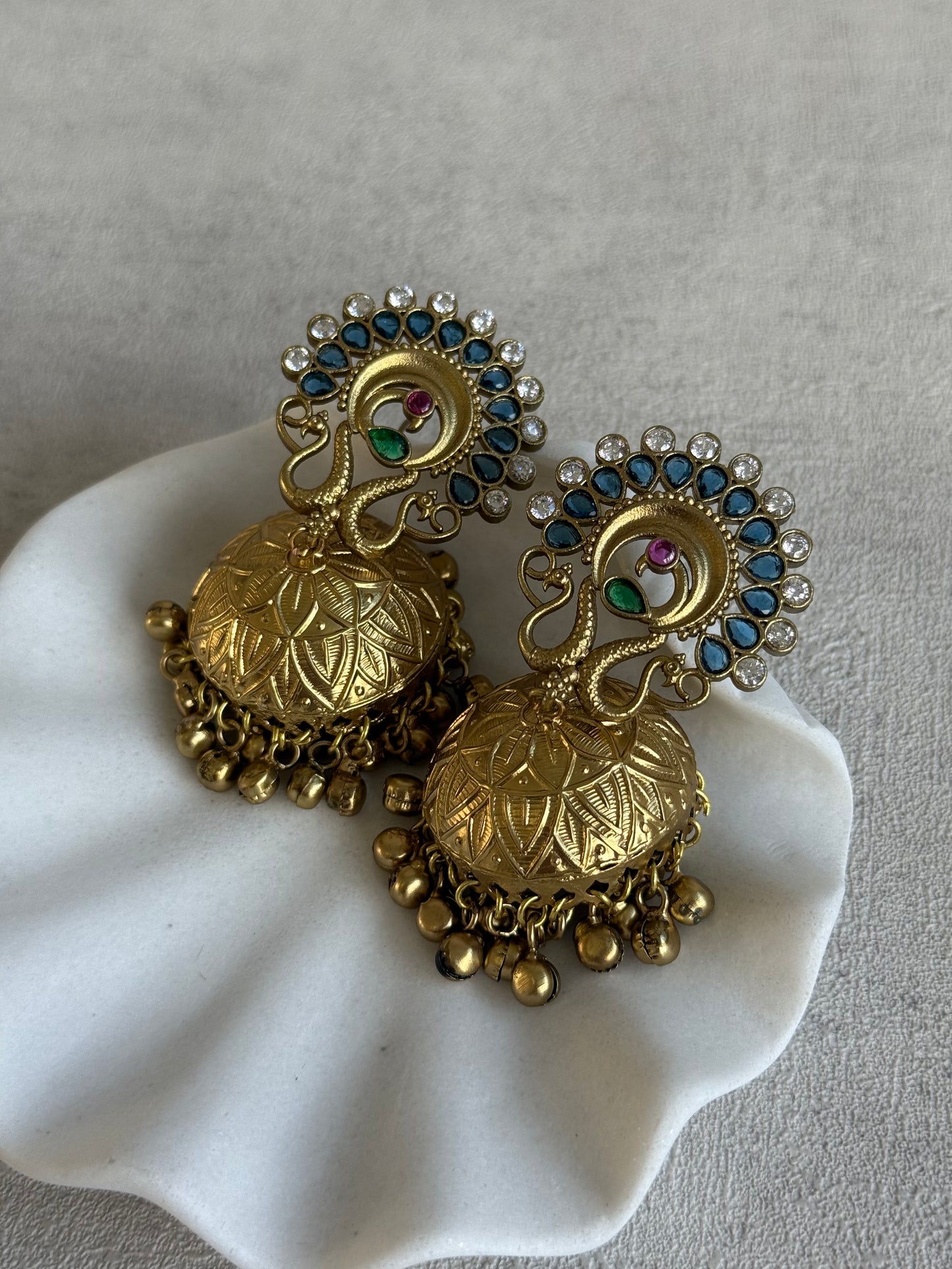 Ayura Designs Moraya Jhumkis – Ink Blue Peacock Motif with Antique Gold Detailing