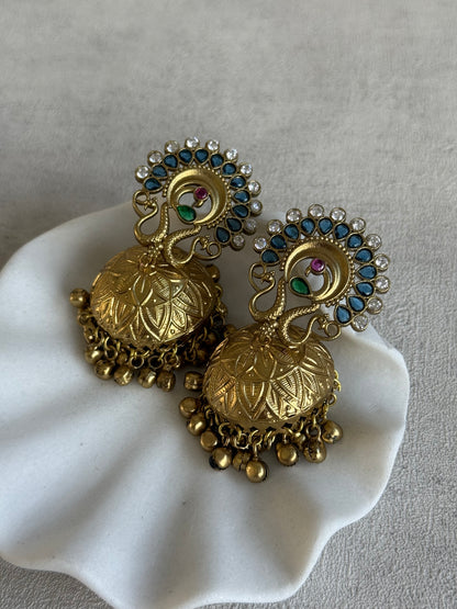 Ayura Designs Moraya Jhumkis – Ink Blue Peacock Motif with Antique Gold Detailing
