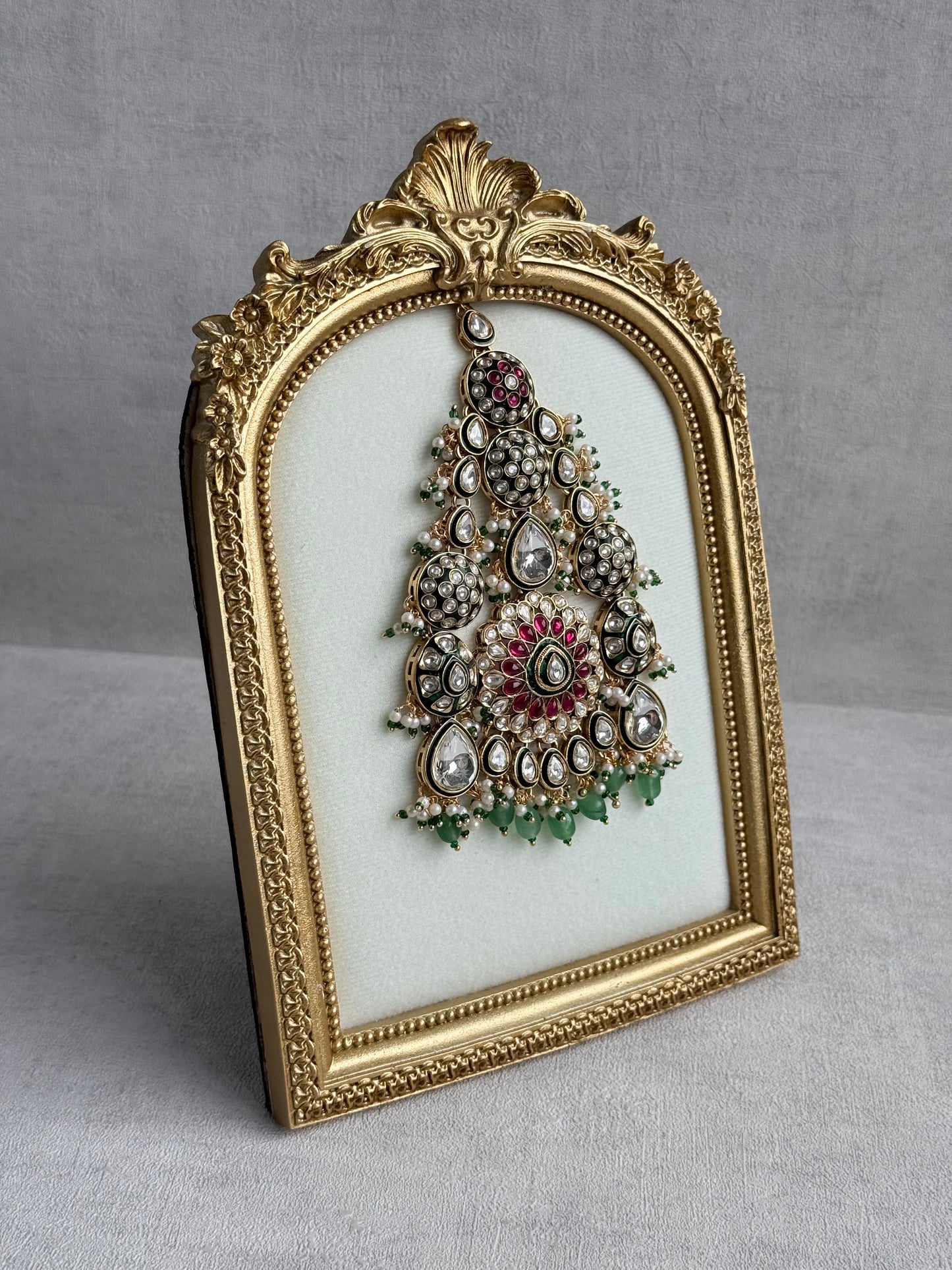 Ayura Designs Zoha Jhoomar Passa – Polki Kundan with Ruby Pink Floral Centre, Emerald Green Drops & Pearl Detailing