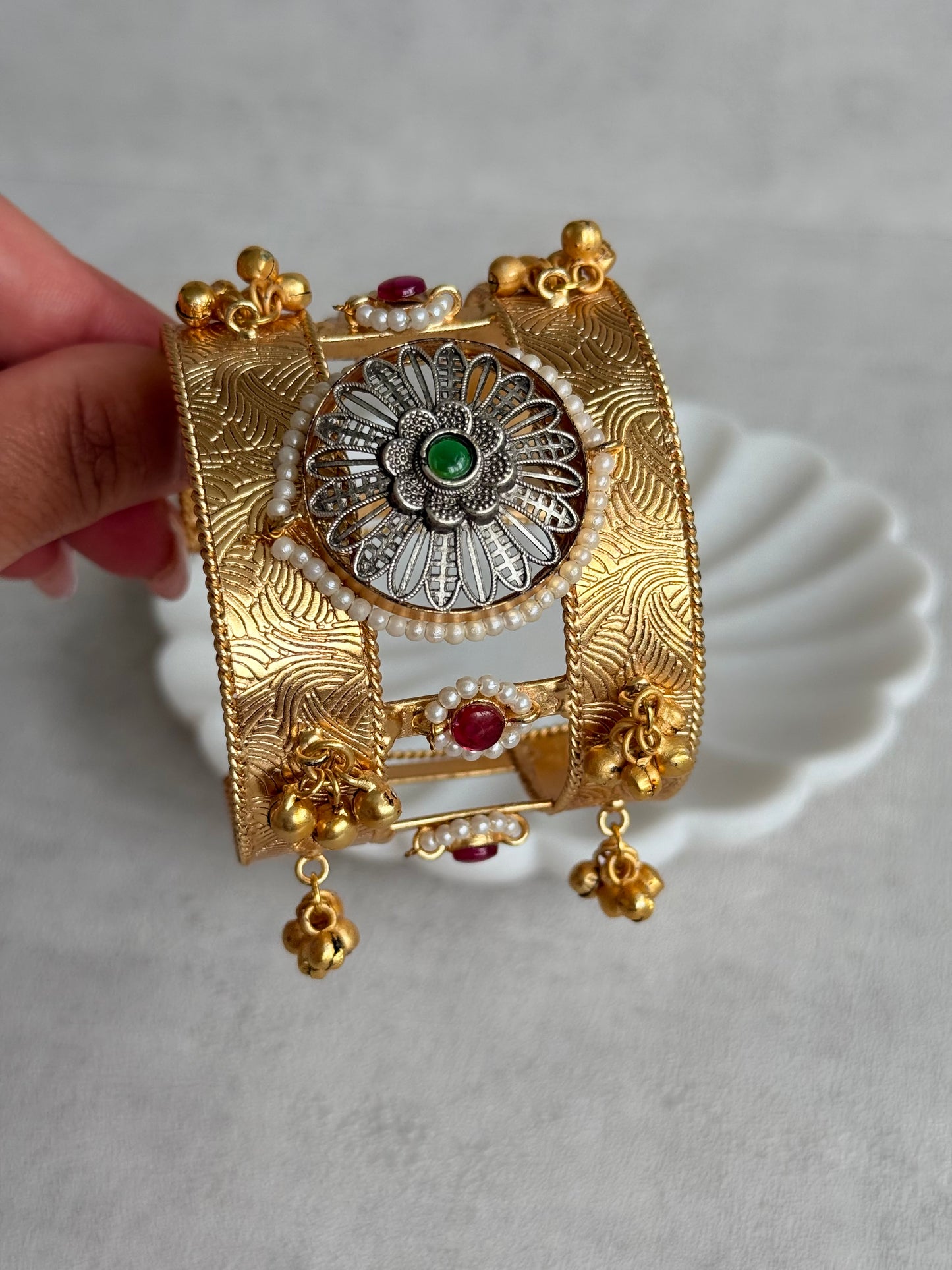 Ayura Designs Omita Adjustable Kashmiri Cuff Bracelet – Floral Medallion with Pearl, Ruby & Emerald Detailing
