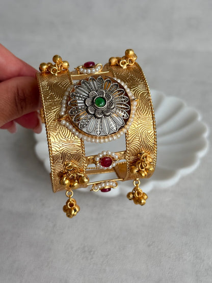Ayura Designs Omita Adjustable Kashmiri Cuff Bracelet – Floral Medallion with Pearl, Ruby & Emerald Detailing