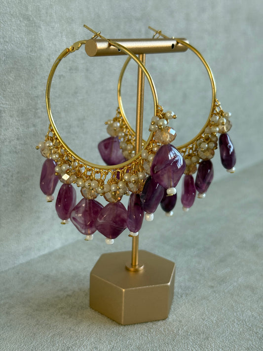 Ayura Designs Heer Balis – Gold Hoops with Amethyst Plum Marble Beads, Pearls & Crystal Detailing