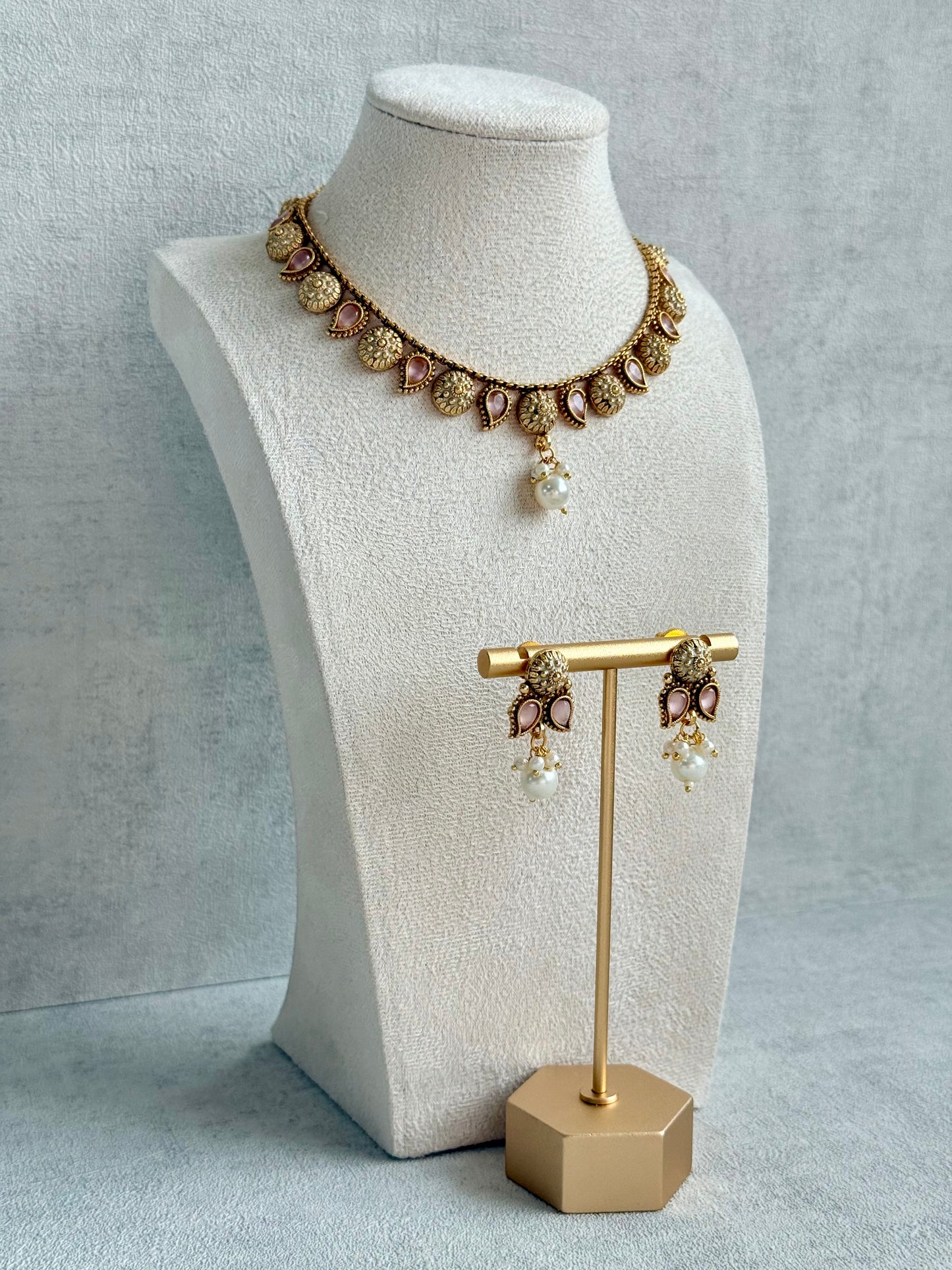 Ayura Designs Mayura Necklace Set with Earrings – Antique Gold Meenakari Motifs with Pearl Drop & Blush Pink Stones
