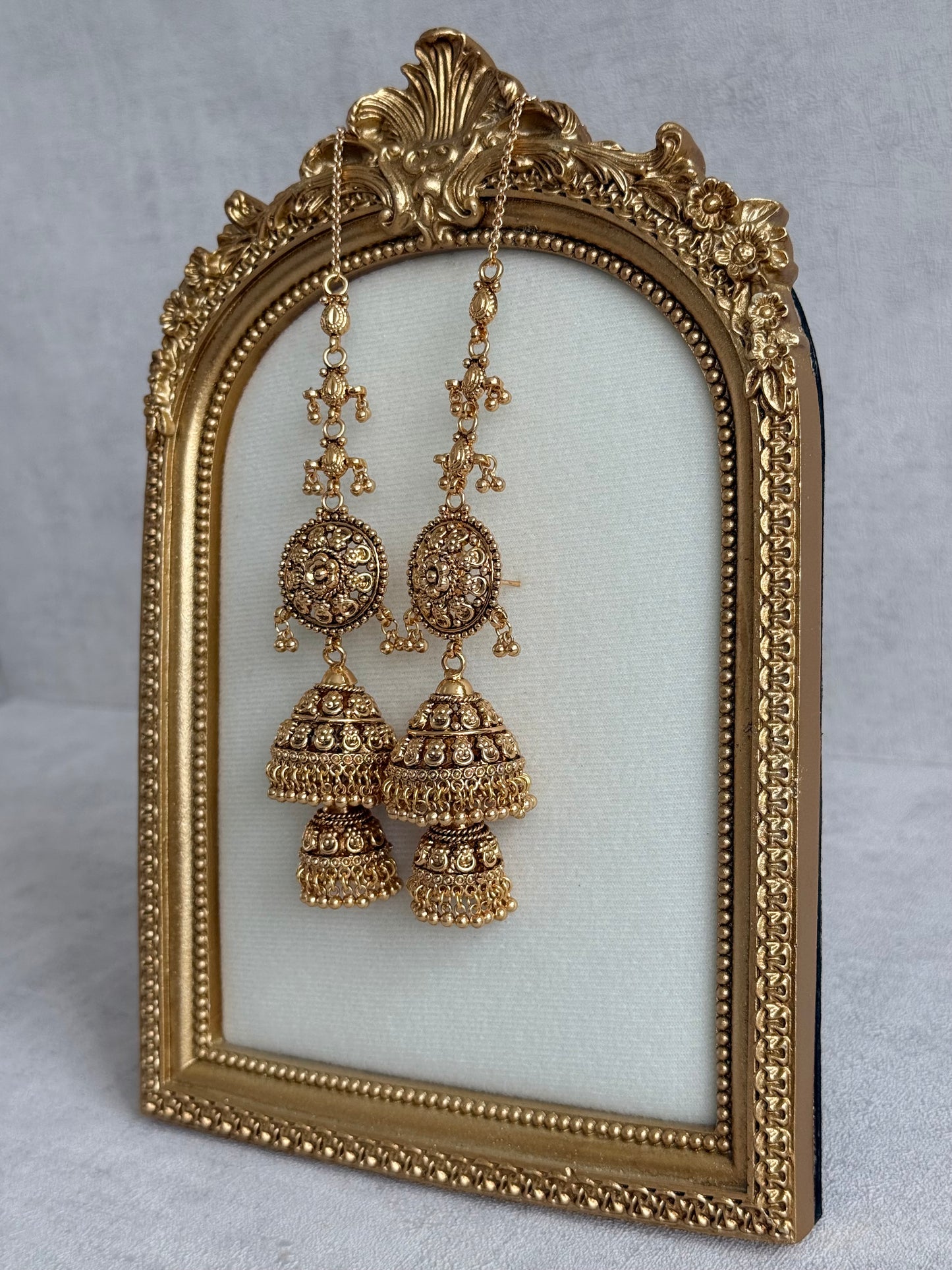 Ayura Designs Chhavi Sahare Jhumkis – Antique Gold Finish with Double Dome Design