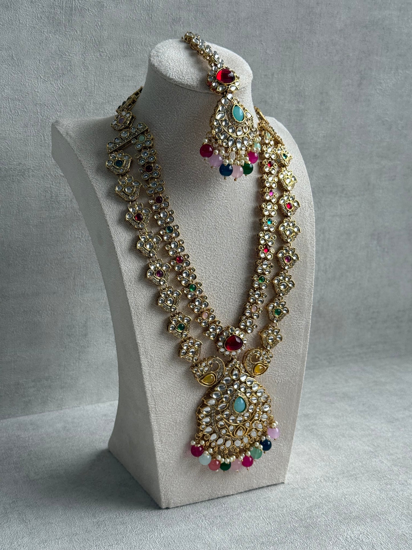 Ayura Designs Javeria Set with Earrings & Tikka – Multicolour Beads, Mirror Kundan & Gold Finish