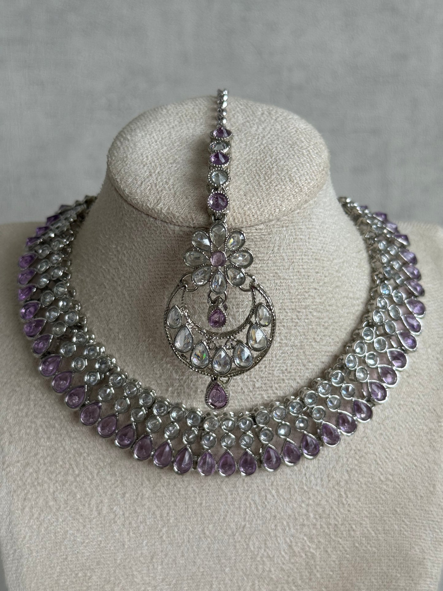Ayura Designs Qirat Set with Earrings & Tikka – Soft Lilac Stones, Mirror-Cut Detailing & Silver Finish