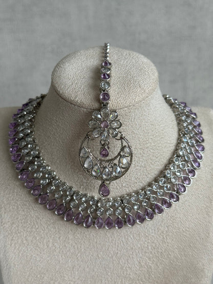 Ayura Designs Qirat Set with Earrings & Tikka – Soft Lilac Stones, Mirror-Cut Detailing & Silver Finish