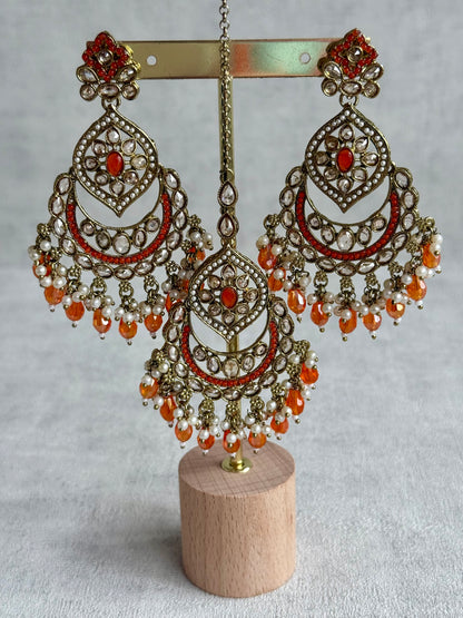Ayura Designs Jazba Set with Necklace, Jhumkis & Tikka – Antique Gold, Mirror-Cut Stones, Pearl Detailing & Fiery Orange Beads