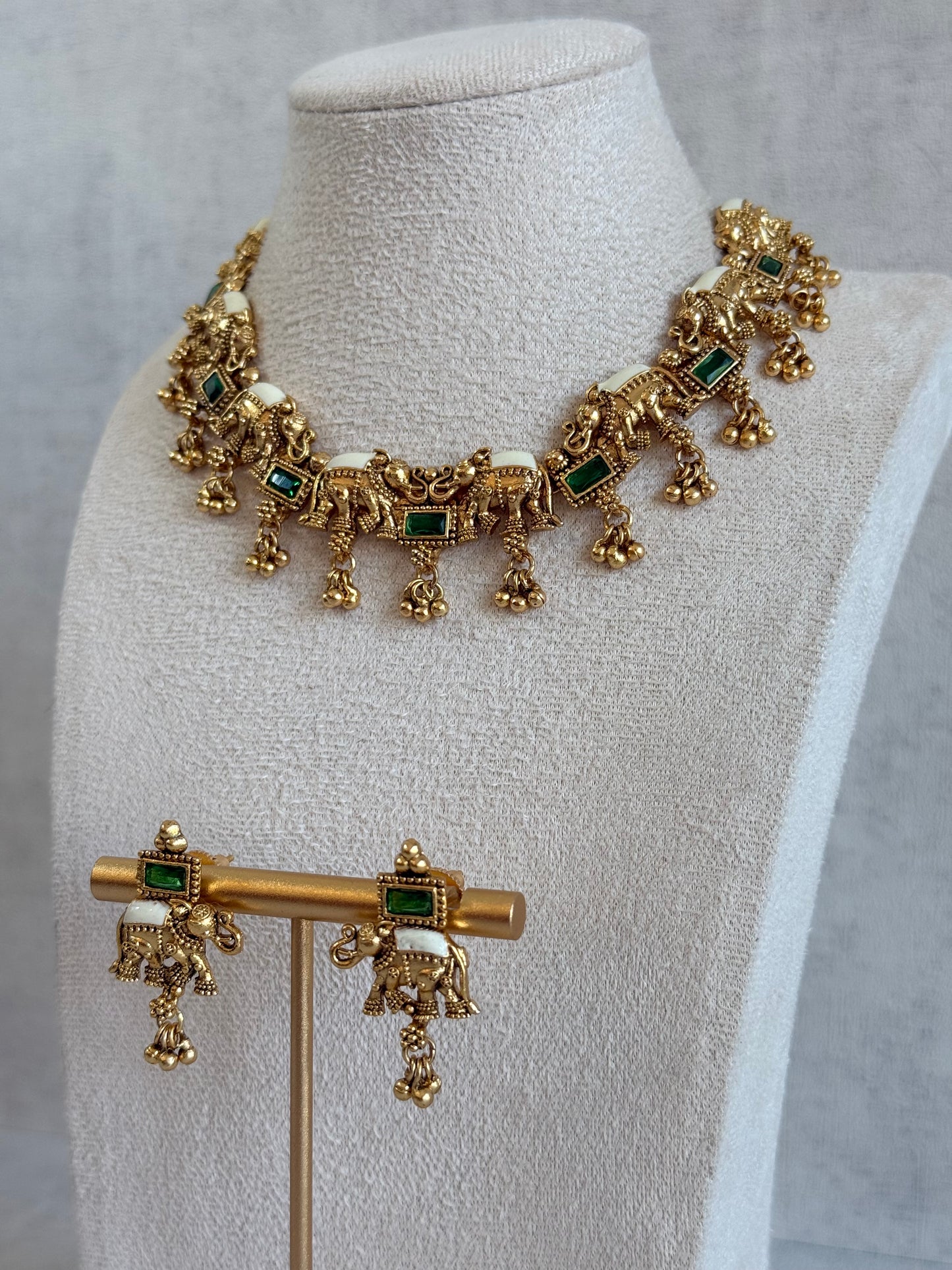 Ayura Designs Ruva Necklace Set with Earrings – Gold Finish, Emerald Green Stones, Ivory Detailing & Elephant Motifs