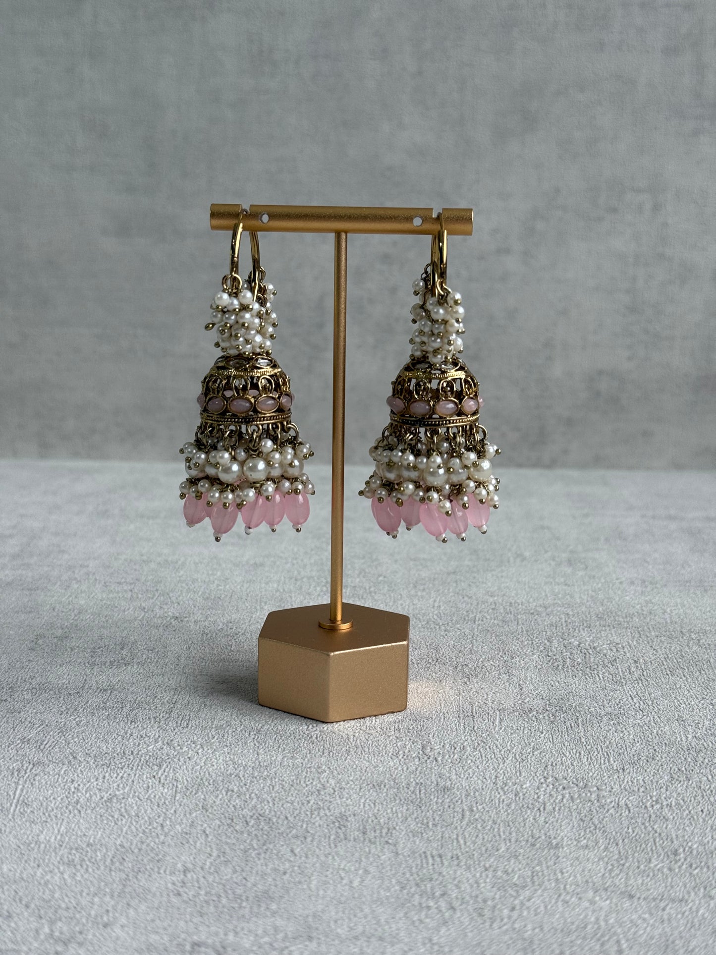Ayura Designs Jugni Jhumkis – Antique Gold Balis with Blush Pink Beads & Pearl Clusters