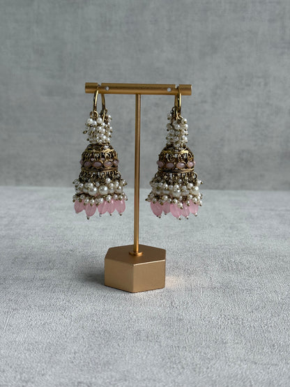 Ayura Designs Jugni Jhumkis – Antique Gold Balis with Blush Pink Beads & Pearl Clusters