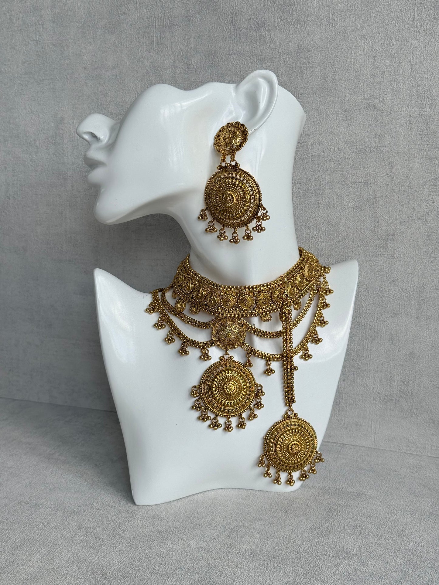 Ayura Designs Subha Choker Set with Earrings & Passa – Antique Gold Engraved Medallions, Layered Chains & Ghungroo Drops