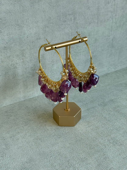 Ayura Designs Heer Balis – Gold Hoops with Amethyst Plum Marble Beads, Pearls & Crystal Detailing