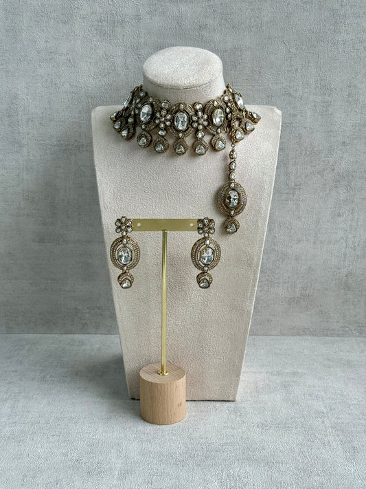 Ayura Designs Emanya Choker Set – Choker, Earrings & Tikka with Mirror-Cut Stones, Silver Mirror & Antique Gold Detailing