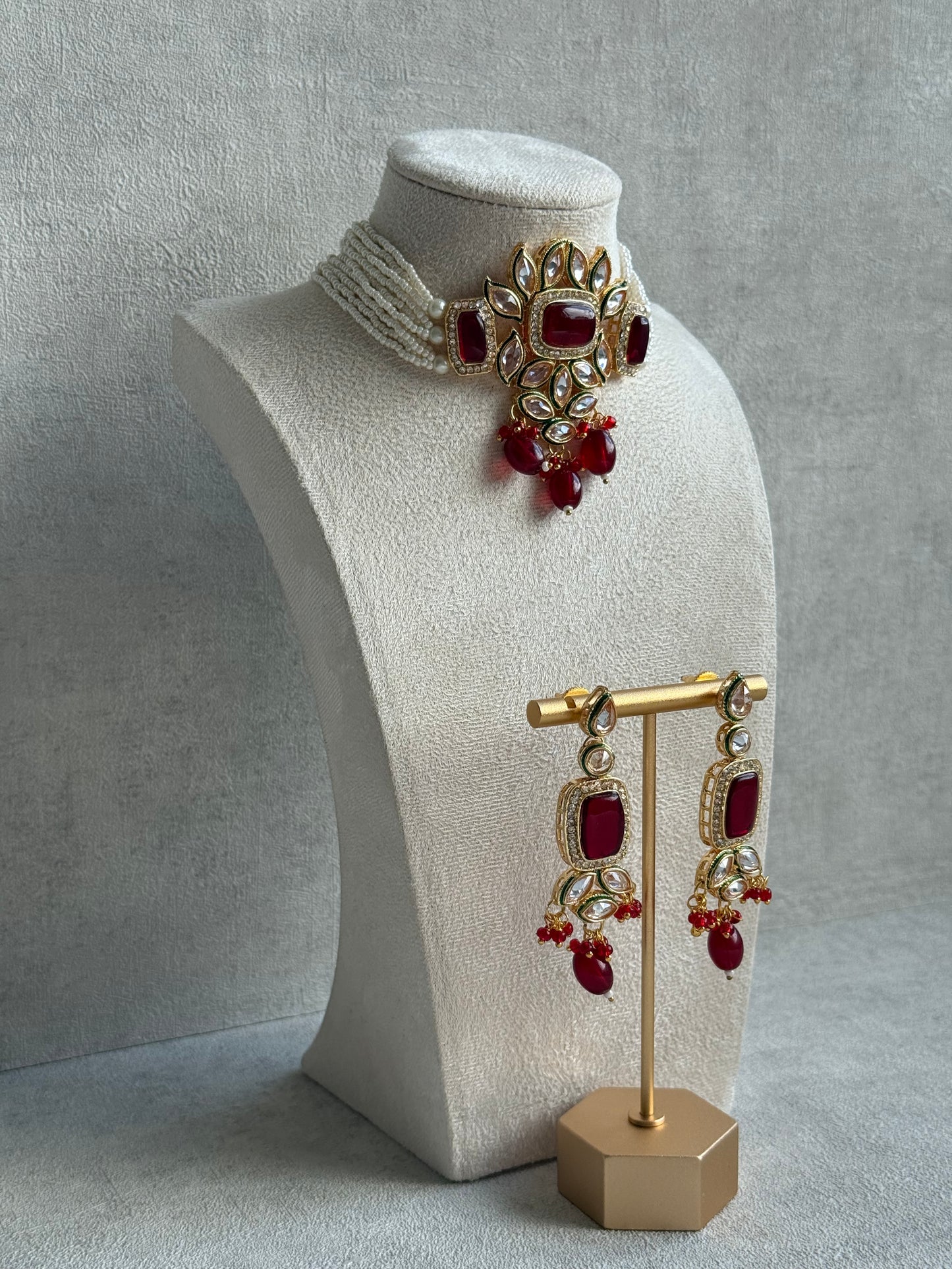 Ayura Designs Raaz Set with Necklace & Earrings – Ruby Red Stones, Kundan Detailing & Antique Gold Finish