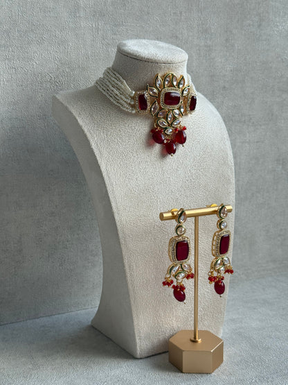 Ayura Designs Raaz Set with Necklace & Earrings – Ruby Red Stones, Kundan Detailing & Antique Gold Finish