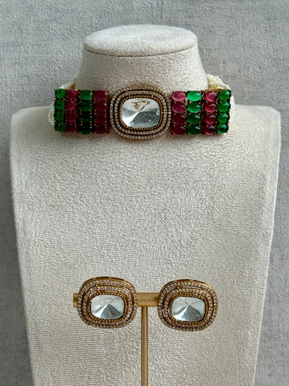 Ayura Designs Emma Choker Set – Fuchsia Pink & Emerald Green Gemstone Choker & Studs with Mirror-Cut Centrepiece, Pearl Strands & Crystal Borders