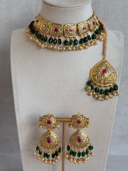 Ayura Designs Chetna Choker Set with Earrings & Tikka – Emerald Green Beads, Cream Pearl Drops with Pipal Patti Detailing