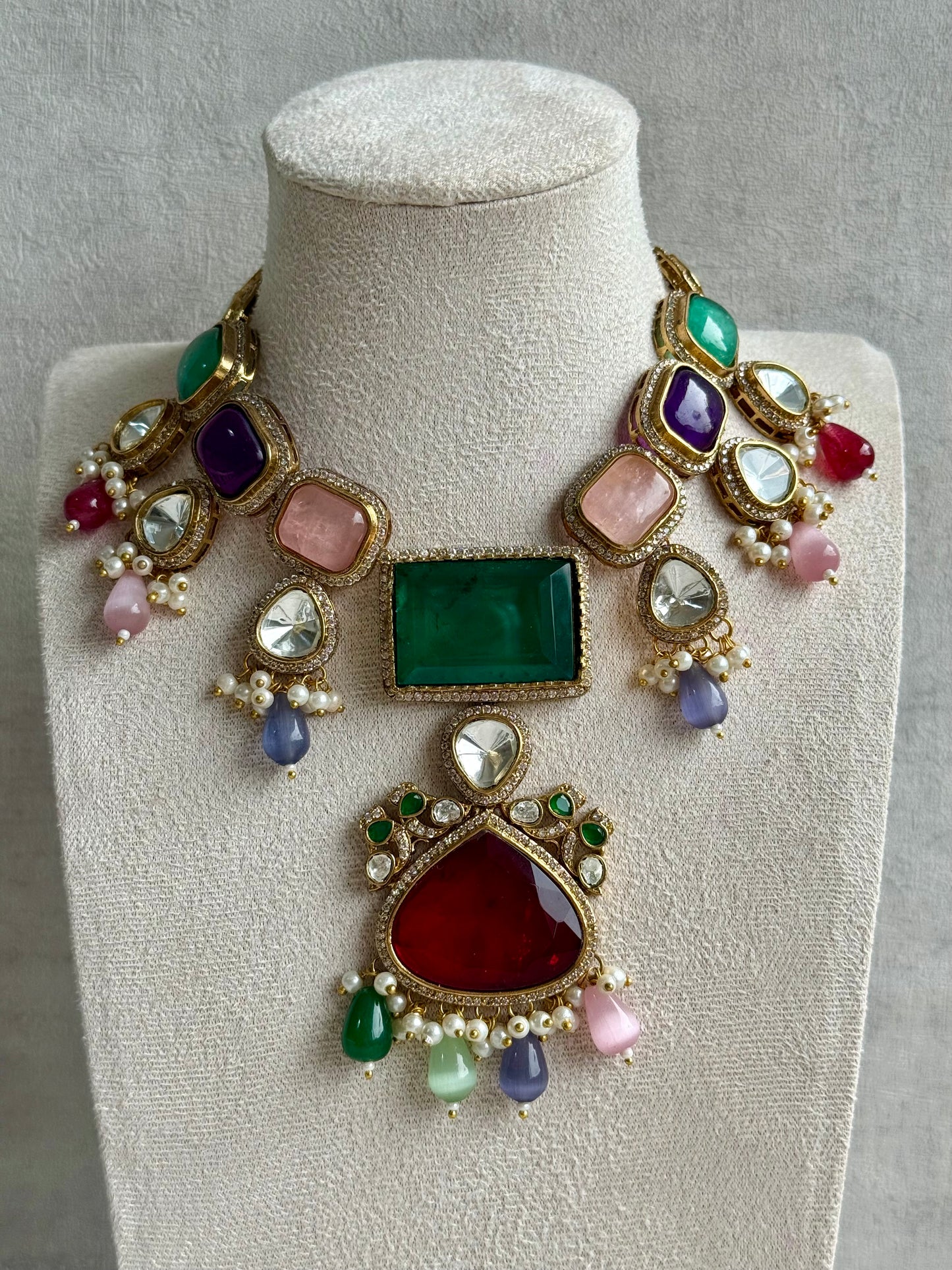 Ayura Designs Lara Set – Statement Multicolour Necklace, Earrings & Tikka with Ruby, Emerald & Pastel Beads